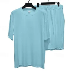 Best OUKU Men's T-shirt Suits 2 Pieces Outfits Tee & Shorts Short Sleeve Crew Neck Summer Plain Fashion Casual 2 Piece Vacation Daily Wear Going out White Light Grey Dark Gray Top Tee for Men