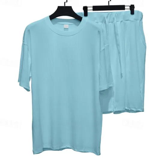 Best OUKU Men's T-shirt Suits 2 Pieces Outfits Tee & Shorts Short Sleeve Crew Neck Summer Plain Fashion Casual 2 Piece Vacation Daily Wear Going out White Light Grey Dark Gray Top Tee for Men