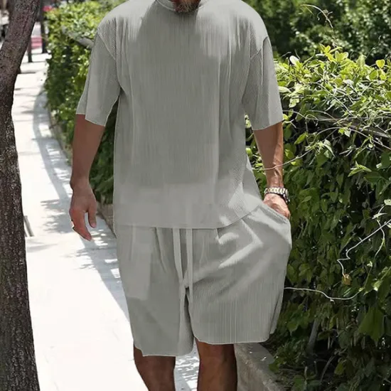 Best OUKU Men's T-shirt Suits 2 Pieces Outfits Tee & Shorts Short Sleeve Crew Neck Summer Plain Fashion Casual 2 Piece Vacation Daily Wear Going out White Light Grey Dark Gray Top Tee for Men