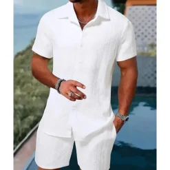 New OUKU Men's T-shirt Suits 2 Pieces Outfits Tee & Shorts Short Sleeve Shirt Collar Summer Plain Fashion Casual 2 Piece Vacation Daily Wear Going out Black White Pink Top Tee for Men