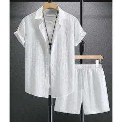 New OUKU Men's T-shirt Suits 2 Pieces Outfits Tee & Shorts Short Sleeve Shirt Collar Summer Plain Fashion Casual 2 Piece Vacation Daily Wear Going out Black White Pink Top Tee for Men