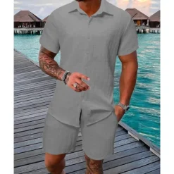 New OUKU Men's T-shirt Suits 2 Pieces Outfits Tee & Shorts Short Sleeve Shirt Collar Summer Plain Fashion Casual 2 Piece Vacation Daily Wear Going out Black White Pink Top Tee for Men