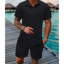 New OUKU Men's T-shirt Suits 2 Pieces Outfits Tee & Shorts Short Sleeve Shirt Collar Summer Plain Fashion Casual 2 Piece Vacation Daily Wear Going out Black White Pink Top Tee for Men