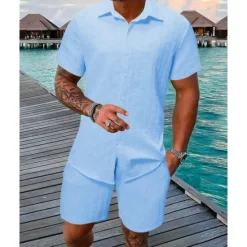 New OUKU Men's T-shirt Suits 2 Pieces Outfits Tee & Shorts Short Sleeve Shirt Collar Summer Plain Fashion Casual 2 Piece Vacation Daily Wear Going out Black White Pink Top Tee for Men