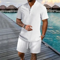Discount OUKU Men's T-shirt Suits 2 Pieces Outfits Tee & Shorts Short Sleeve Henley Summer Plain Fashion Casual 2 Piece Vacation Daily Wear Going out Black White Royal Blue Top Tee for Men