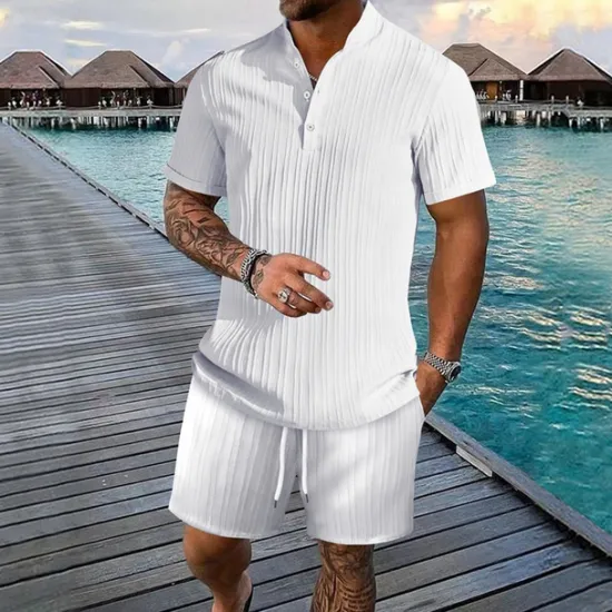 Discount OUKU Men's T-shirt Suits 2 Pieces Outfits Tee & Shorts Short Sleeve Henley Summer Plain Fashion Casual 2 Piece Vacation Daily Wear Going out Black White Royal Blue Top Tee for Men