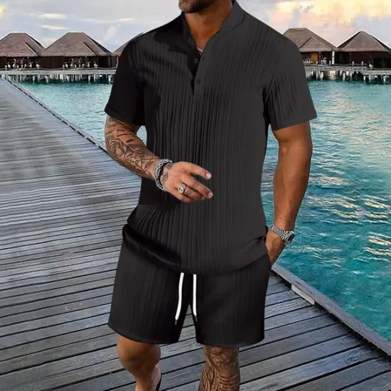 Discount OUKU Men's T-shirt Suits 2 Pieces Outfits Tee & Shorts Short Sleeve Henley Summer Plain Fashion Casual 2 Piece Vacation Daily Wear Going out Black White Royal Blue Top Tee for Men