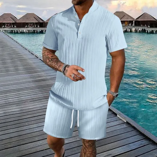 Discount OUKU Men's T-shirt Suits 2 Pieces Outfits Tee & Shorts Short Sleeve Henley Summer Plain Fashion Casual 2 Piece Vacation Daily Wear Going out Black White Royal Blue Top Tee for Men