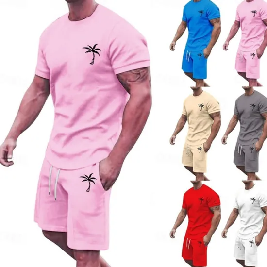 New OUKU Men's T-shirt Suits 2 Pieces Outfits Tee & Shorts Short Sleeve Crew Neck Summer Coconut Tree Fashion Casual 2 Piece Vacation Daily Wear Going out Black White Yellow Top Tee for Men