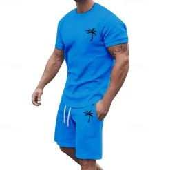 New OUKU Men's T-shirt Suits 2 Pieces Outfits Tee & Shorts Short Sleeve Crew Neck Summer Coconut Tree Fashion Casual 2 Piece Vacation Daily Wear Going out Black White Yellow Top Tee for Men