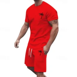 New OUKU Men's T-shirt Suits 2 Pieces Outfits Tee & Shorts Short Sleeve Crew Neck Summer Coconut Tree Fashion Casual 2 Piece Vacation Daily Wear Going out Black White Yellow Top Tee for Men