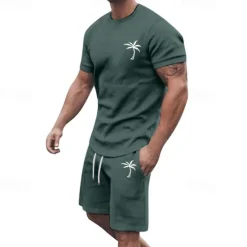 New OUKU Men's T-shirt Suits 2 Pieces Outfits Tee & Shorts Short Sleeve Crew Neck Summer Coconut Tree Fashion Casual 2 Piece Vacation Daily Wear Going out Black White Yellow Top Tee for Men