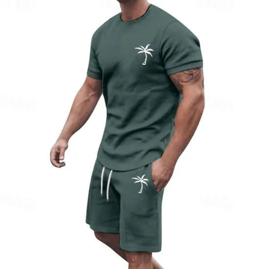 New OUKU Men's T-shirt Suits 2 Pieces Outfits Tee & Shorts Short Sleeve Crew Neck Summer Coconut Tree Fashion Casual 2 Piece Vacation Daily Wear Going out Black White Yellow Top Tee for Men