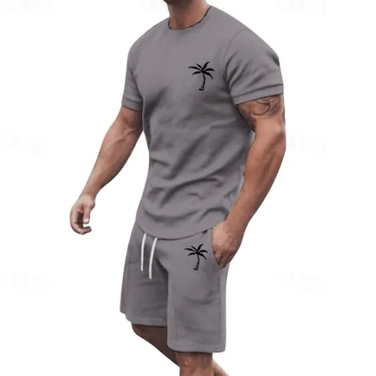 New OUKU Men's T-shirt Suits 2 Pieces Outfits Tee & Shorts Short Sleeve Crew Neck Summer Coconut Tree Fashion Casual 2 Piece Vacation Daily Wear Going out Black White Yellow Top Tee for Men