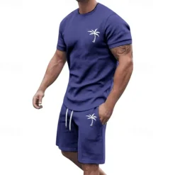 New OUKU Men's T-shirt Suits 2 Pieces Outfits Tee & Shorts Short Sleeve Crew Neck Summer Coconut Tree Fashion Casual 2 Piece Vacation Daily Wear Going out Black White Yellow Top Tee for Men