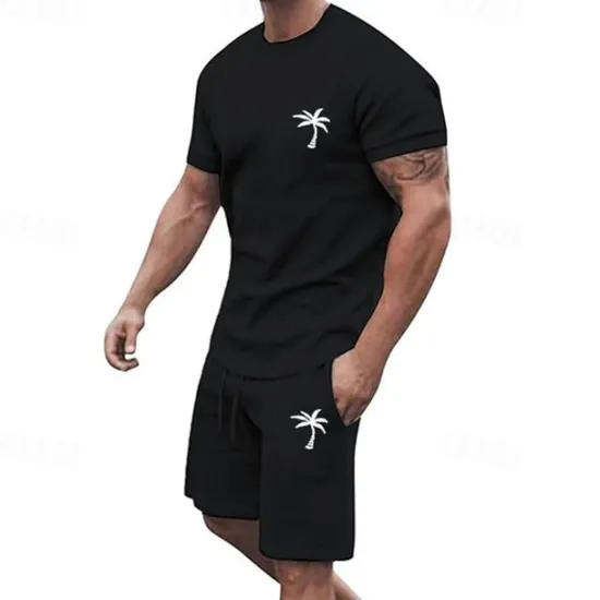 New OUKU Men's T-shirt Suits 2 Pieces Outfits Tee & Shorts Short Sleeve Crew Neck Summer Coconut Tree Fashion Casual 2 Piece Vacation Daily Wear Going out Black White Yellow Top Tee for Men