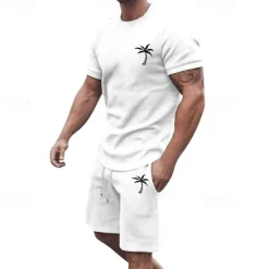New OUKU Men's T-shirt Suits 2 Pieces Outfits Tee & Shorts Short Sleeve Crew Neck Summer Coconut Tree Fashion Casual 2 Piece Vacation Daily Wear Going out Black White Yellow Top Tee for Men