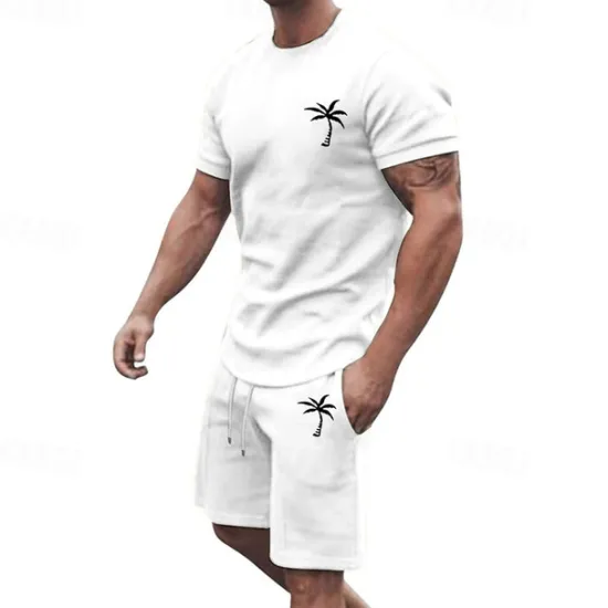 New OUKU Men's T-shirt Suits 2 Pieces Outfits Tee & Shorts Short Sleeve Crew Neck Summer Coconut Tree Fashion Casual 2 Piece Vacation Daily Wear Going out Black White Yellow Top Tee for Men