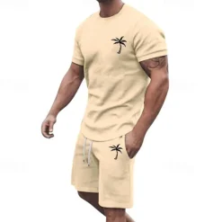New OUKU Men's T-shirt Suits 2 Pieces Outfits Tee & Shorts Short Sleeve Crew Neck Summer Coconut Tree Fashion Casual 2 Piece Vacation Daily Wear Going out Black White Yellow Top Tee for Men