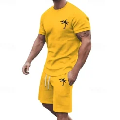 New OUKU Men's T-shirt Suits 2 Pieces Outfits Tee & Shorts Short Sleeve Crew Neck Summer Coconut Tree Fashion Casual 2 Piece Vacation Daily Wear Going out Black White Yellow Top Tee for Men