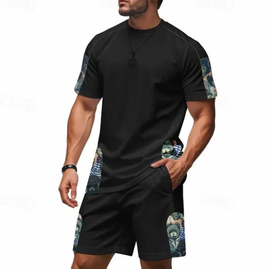 New OUKU Men's T-shirt Suits 2 Pieces Outfits Tee & Shorts Short Sleeve Crew Neck Summer Graphic Fashion Casual 2 Piece Vacation Daily Wear Going out Black White Brown Top Tee for Men