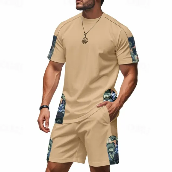 New OUKU Men's T-shirt Suits 2 Pieces Outfits Tee & Shorts Short Sleeve Crew Neck Summer Graphic Fashion Casual 2 Piece Vacation Daily Wear Going out Black White Brown Top Tee for Men