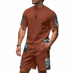New OUKU Men's T-shirt Suits 2 Pieces Outfits Tee & Shorts Short Sleeve Crew Neck Summer Graphic Fashion Casual 2 Piece Vacation Daily Wear Going out Black White Brown Top Tee for Men