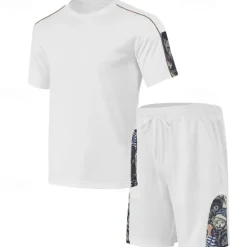 New OUKU Men's T-shirt Suits 2 Pieces Outfits Tee & Shorts Short Sleeve Crew Neck Summer Graphic Fashion Casual 2 Piece Vacation Daily Wear Going out Black White Brown Top Tee for Men