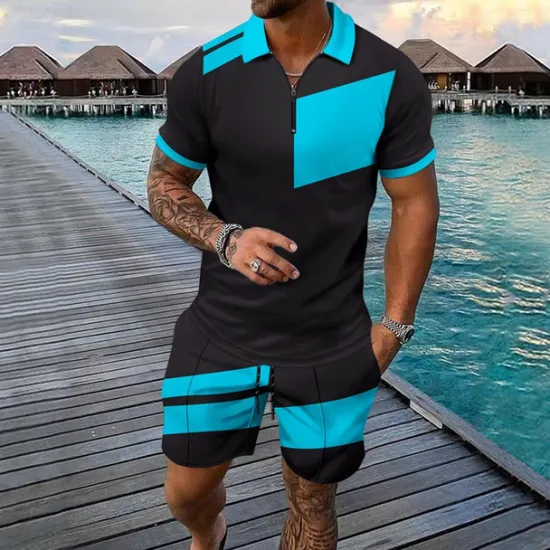 Discount OUKU Men's T-shirt Suits 2 Pieces Outfits Tee & Shorts Short Sleeve Quarter Zip Summer Color Block Fashion Casual 2 Piece Splice Vacation Daily Wear Going out Silver Black Wine Top Tee for Men