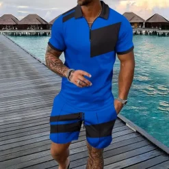 Discount OUKU Men's T-shirt Suits 2 Pieces Outfits Tee & Shorts Short Sleeve Quarter Zip Summer Color Block Fashion Casual 2 Piece Splice Vacation Daily Wear Going out Silver Black Wine Top Tee for Men