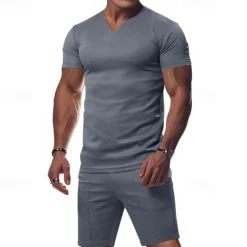 Online OUKU Men's T-shirt Suits 2 Pieces Outfits Tee & Shorts Short Sleeve V Neck Summer Plain Fashion Casual 2 Piece Vacation Daily Wear Going out Black White Orange Top Tee for Men
