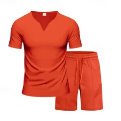 Online OUKU Men's T-shirt Suits 2 Pieces Outfits Tee & Shorts Short Sleeve V Neck Summer Plain Fashion Casual 2 Piece Vacation Daily Wear Going out Black White Orange Top Tee for Men