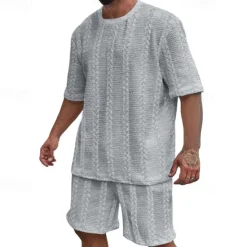 New OUKU Men's T-shirt Suits 2 Pieces Outfits Tee & Shorts Short Sleeve Crewneck Summer Plain Fashion Casual 2 Piece Jacquard Vacation Daily Wear Going out Black White Khaki Top Tee for Men
