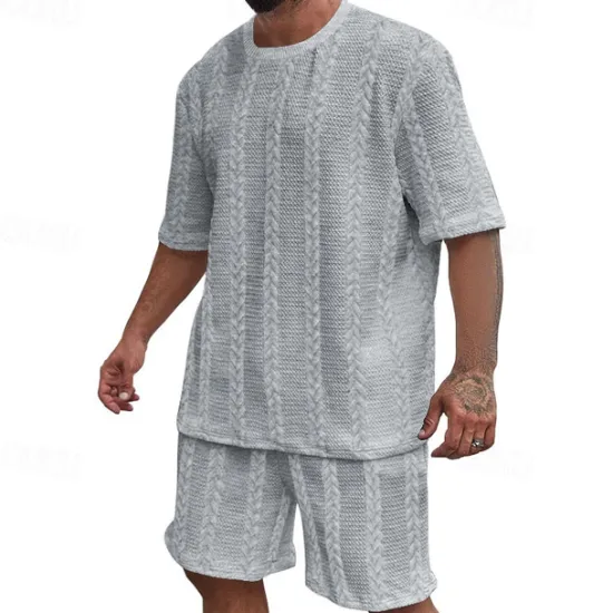 New OUKU Men's T-shirt Suits 2 Pieces Outfits Tee & Shorts Short Sleeve Crewneck Summer Plain Fashion Casual 2 Piece Jacquard Vacation Daily Wear Going out Black White Khaki Top Tee for Men