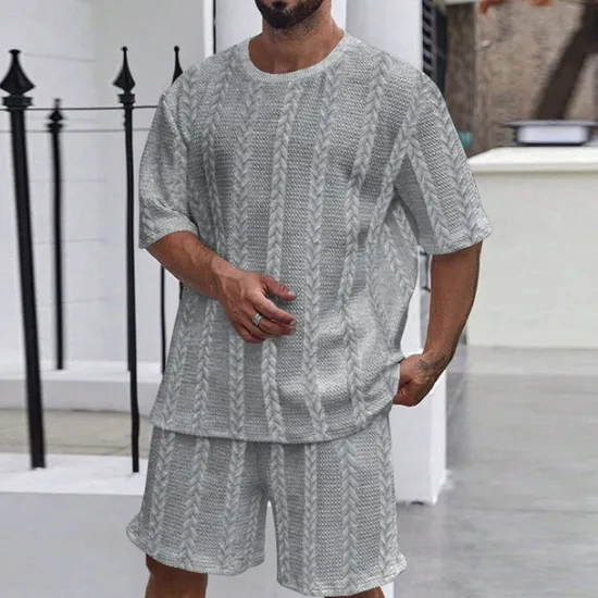 New OUKU Men's T-shirt Suits 2 Pieces Outfits Tee & Shorts Short Sleeve Crewneck Summer Plain Fashion Casual 2 Piece Jacquard Vacation Daily Wear Going out Black White Khaki Top Tee for Men