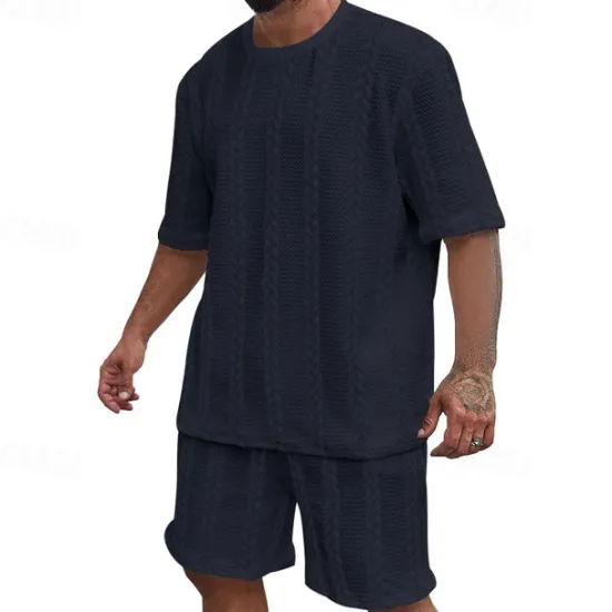 New OUKU Men's T-shirt Suits 2 Pieces Outfits Tee & Shorts Short Sleeve Crewneck Summer Plain Fashion Casual 2 Piece Jacquard Vacation Daily Wear Going out Black White Khaki Top Tee for Men