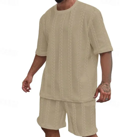 New OUKU Men's T-shirt Suits 2 Pieces Outfits Tee & Shorts Short Sleeve Crewneck Summer Plain Fashion Casual 2 Piece Jacquard Vacation Daily Wear Going out Black White Khaki Top Tee for Men