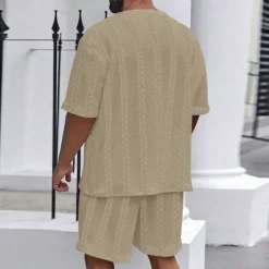 New OUKU Men's T-shirt Suits 2 Pieces Outfits Tee & Shorts Short Sleeve Crewneck Summer Plain Fashion Casual 2 Piece Jacquard Vacation Daily Wear Going out Black White Khaki Top Tee for Men