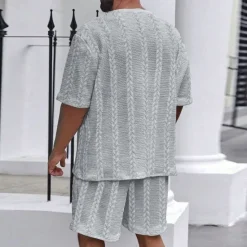 New OUKU Men's T-shirt Suits 2 Pieces Outfits Tee & Shorts Short Sleeve Crewneck Summer Plain Fashion Casual 2 Piece Jacquard Vacation Daily Wear Going out Black White Khaki Top Tee for Men