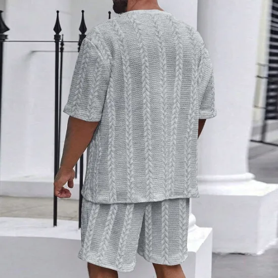 New OUKU Men's T-shirt Suits 2 Pieces Outfits Tee & Shorts Short Sleeve Crewneck Summer Plain Fashion Casual 2 Piece Jacquard Vacation Daily Wear Going out Black White Khaki Top Tee for Men