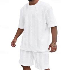 New OUKU Men's T-shirt Suits 2 Pieces Outfits Tee & Shorts Short Sleeve Crewneck Summer Plain Fashion Casual 2 Piece Jacquard Vacation Daily Wear Going out Black White Khaki Top Tee for Men