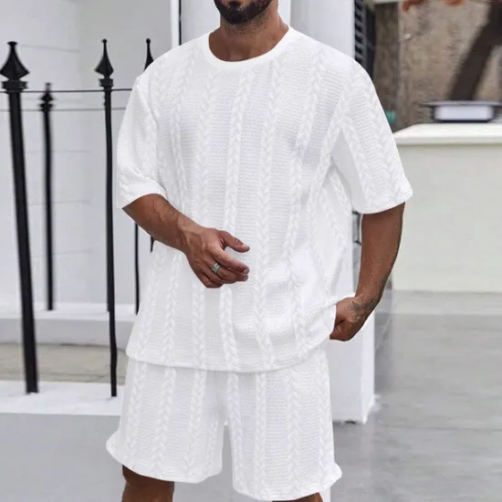 New OUKU Men's T-shirt Suits 2 Pieces Outfits Tee & Shorts Short Sleeve Crewneck Summer Plain Fashion Casual 2 Piece Jacquard Vacation Daily Wear Going out Black White Khaki Top Tee for Men