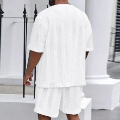 New OUKU Men's T-shirt Suits 2 Pieces Outfits Tee & Shorts Short Sleeve Crewneck Summer Plain Fashion Casual 2 Piece Jacquard Vacation Daily Wear Going out Black White Khaki Top Tee for Men