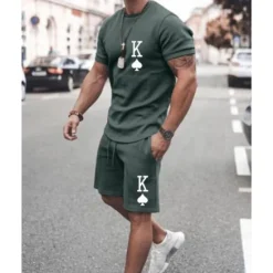 Discount OUKU Men's T-shirt Suits 2 Pieces Outfits Tee & Shorts Short Sleeve Crew Neck Summer Heart Quotes & Sayings Fashion Casual 2 Piece Vacation Daily Wear Going out Green+Lime Black White Top Tee for Men