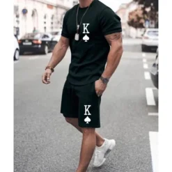 Discount OUKU Men's T-shirt Suits 2 Pieces Outfits Tee & Shorts Short Sleeve Crew Neck Summer Heart Quotes & Sayings Fashion Casual 2 Piece Vacation Daily Wear Going out Green+Lime Black White Top Tee for Men