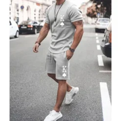 Discount OUKU Men's T-shirt Suits 2 Pieces Outfits Tee & Shorts Short Sleeve Crew Neck Summer Heart Quotes & Sayings Fashion Casual 2 Piece Vacation Daily Wear Going out Green+Lime Black White Top Tee for Men