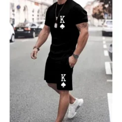 Discount OUKU Men's T-shirt Suits 2 Pieces Outfits Tee & Shorts Short Sleeve Crew Neck Summer Heart Quotes & Sayings Fashion Casual 2 Piece Vacation Daily Wear Going out Green+Lime Black White Top Tee for Men