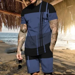 Clearance OUKU Men's T-shirt Suits 2 Pieces Outfits Tee & Shorts Short Sleeve Crew Neck Summer Color Block Fashion Casual 2 Piece Vacation Daily Wear Going out White Blue Dark Blue Top Tee for Men