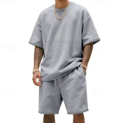 New OUKU Men's T-shirt Suits 2 Pieces Outfits Tee & Shorts Short Sleeve Crew Neck Summer Plain Fashion Casual 2 Piece Vacation Daily Wear Going out Black White Navy Blue Top Tee for Men