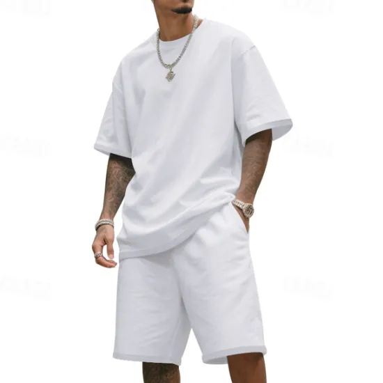 New OUKU Men's T-shirt Suits 2 Pieces Outfits Tee & Shorts Short Sleeve Crew Neck Summer Plain Fashion Casual 2 Piece Vacation Daily Wear Going out Black White Navy Blue Top Tee for Men